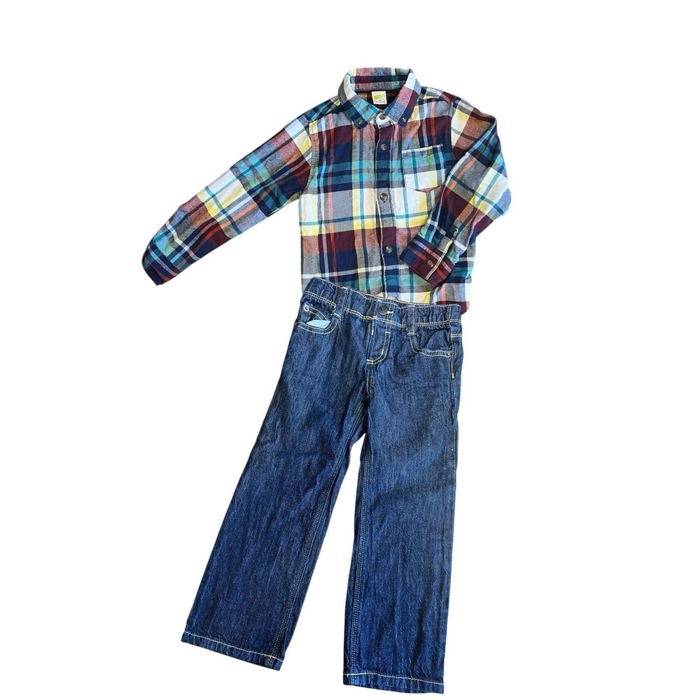 Boys 4T Plaid Flannel Button Shirt and Jeans Outfit 100% cotton
